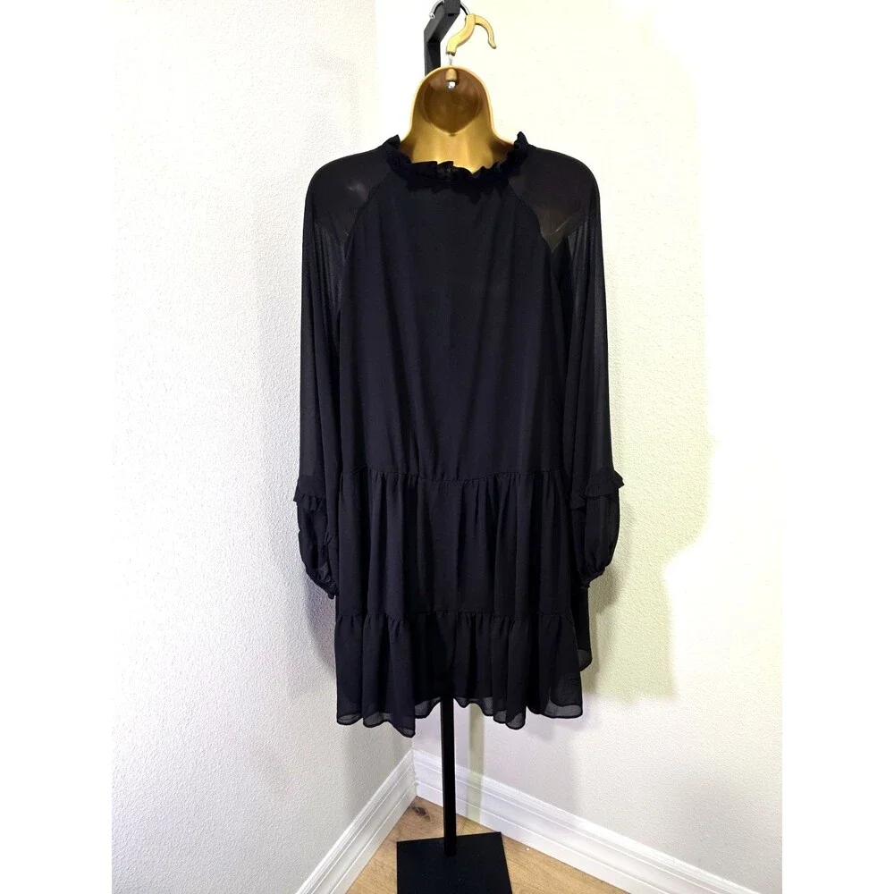 Vince Camuto Black Sheer Overlay Dress Oversized Small Ruffle Tiered Whimsigoth